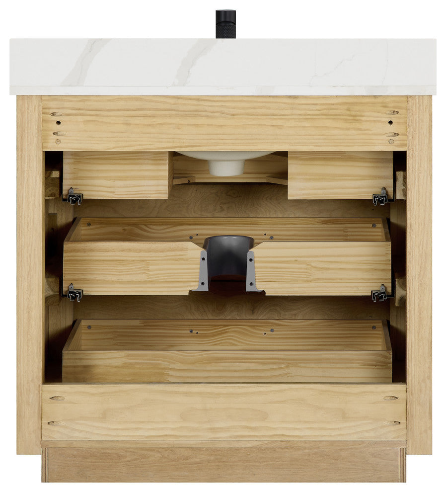 Porto Bath Vanity with White Quartz Stone Top, Natural Oak, 36 in., No Mirror