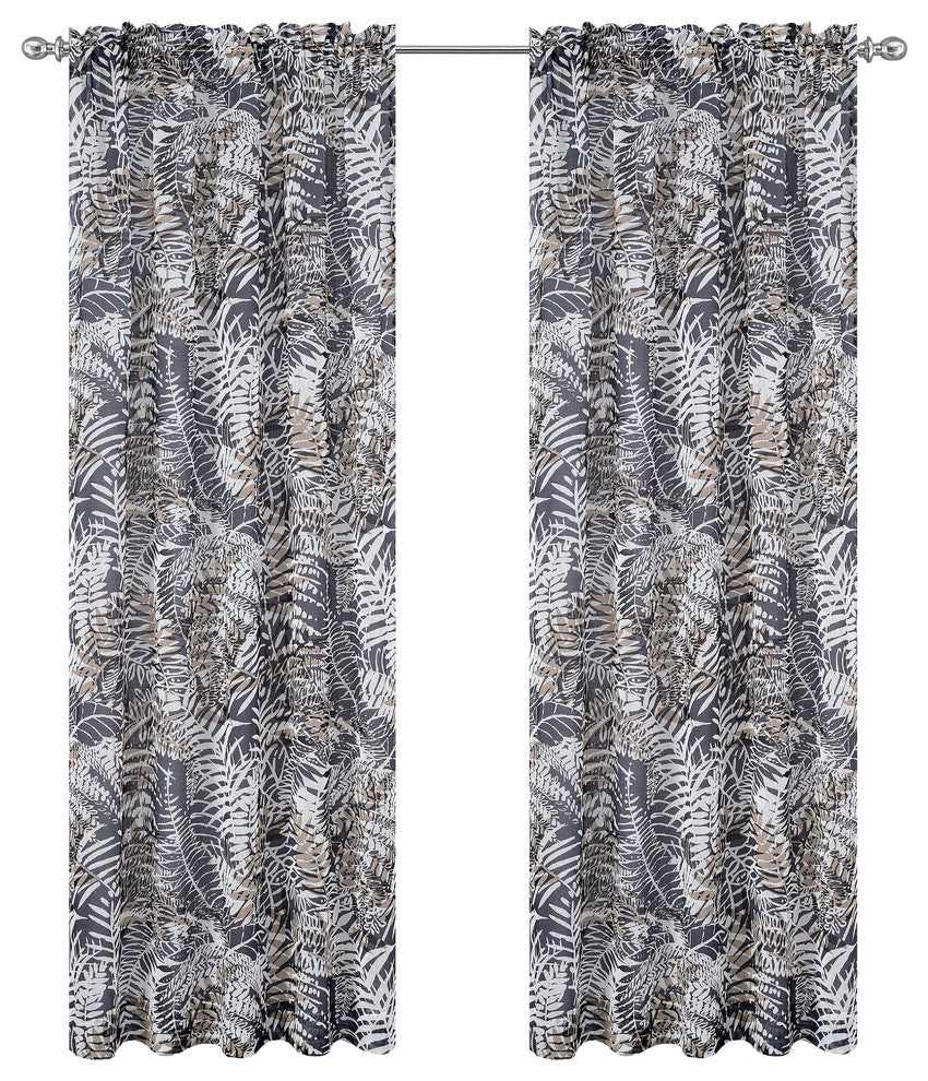 54"x84" Palm Set of 2 Faux Linen Sheer Curtain Panels, Charcoal
