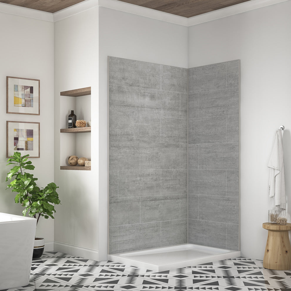 OVE Decors Misty 48x32" Solid Surface Corner Shower Wall, Gray Tiles