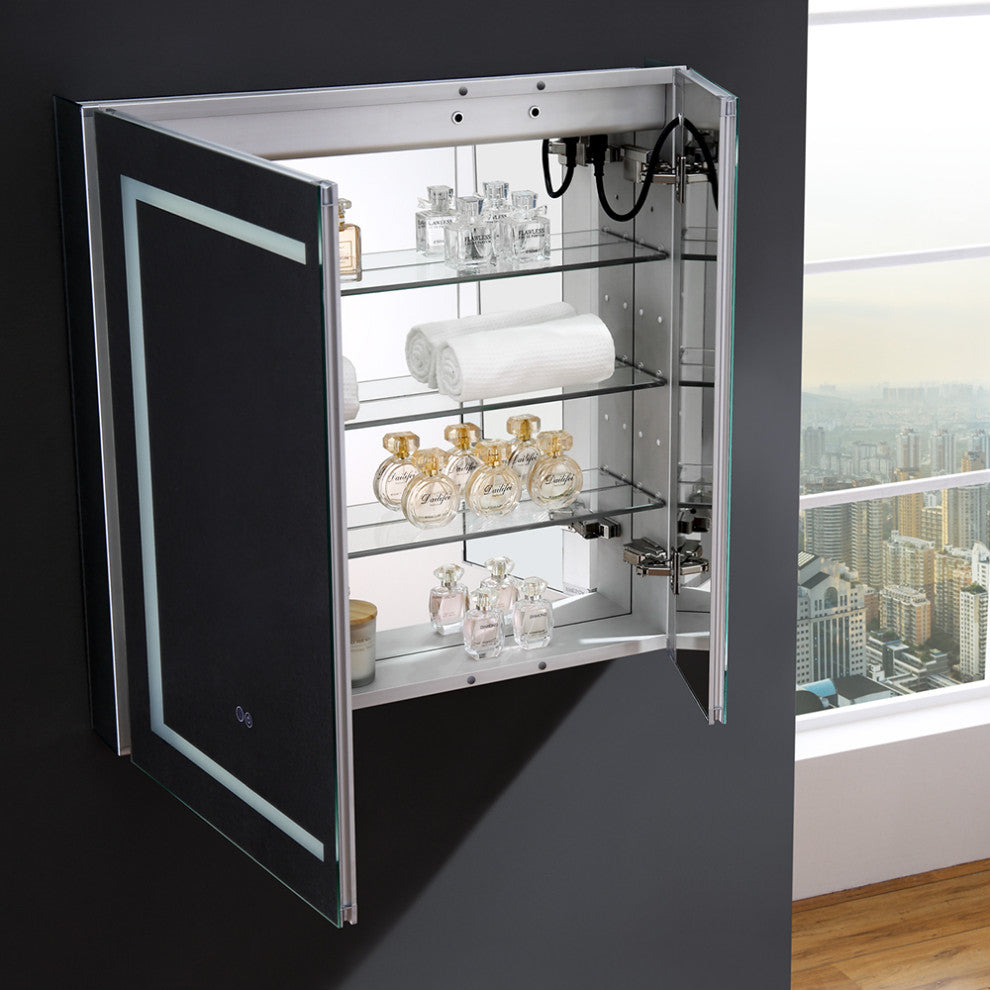 Spazio Bathroom Medicine Cabinet With LED Lighting and Defogger, 30"x30"