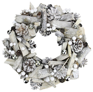 13" White Driftwood and Pine Cone Artificial Christmas Wreath, Unlit