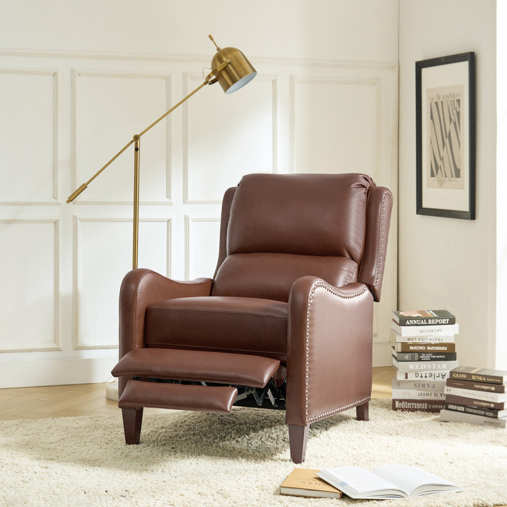 Genuine Leather  Push back Recliner With Wingback, Brown