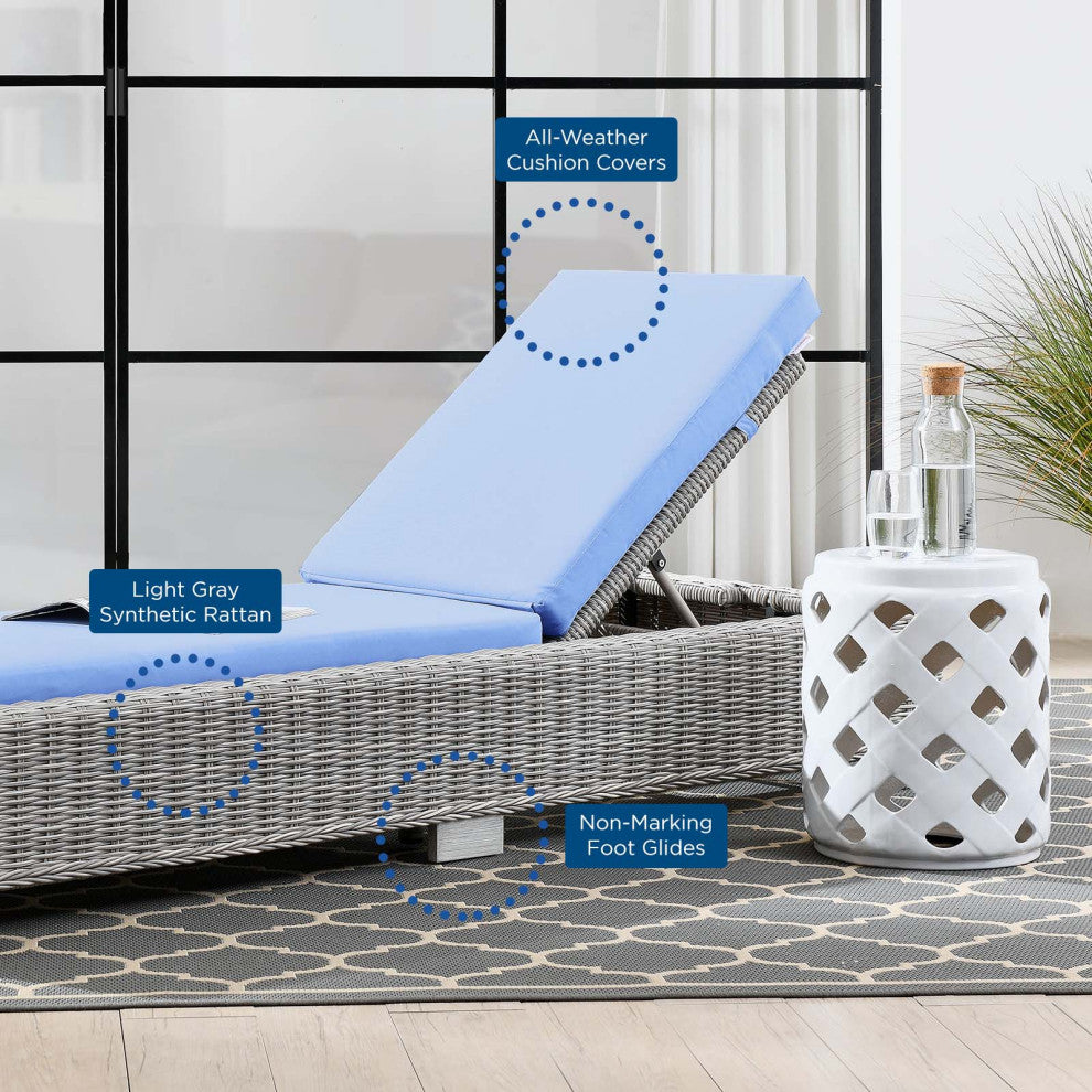 Lounge Chair Chaise, Rattan, Wicker, Gray Blue, Modern, Outdoor Patio Cafe