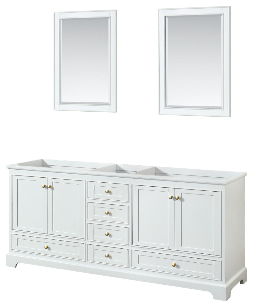 80" Double Bathroom Vanity, White, No Countertop, Gold Trim, 24" Mirrors