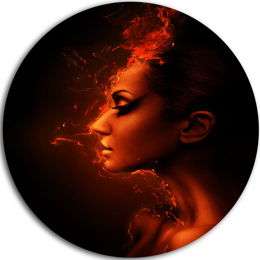 Burning Woman Head, Portrait Contemporary Round Wall Art, 11"