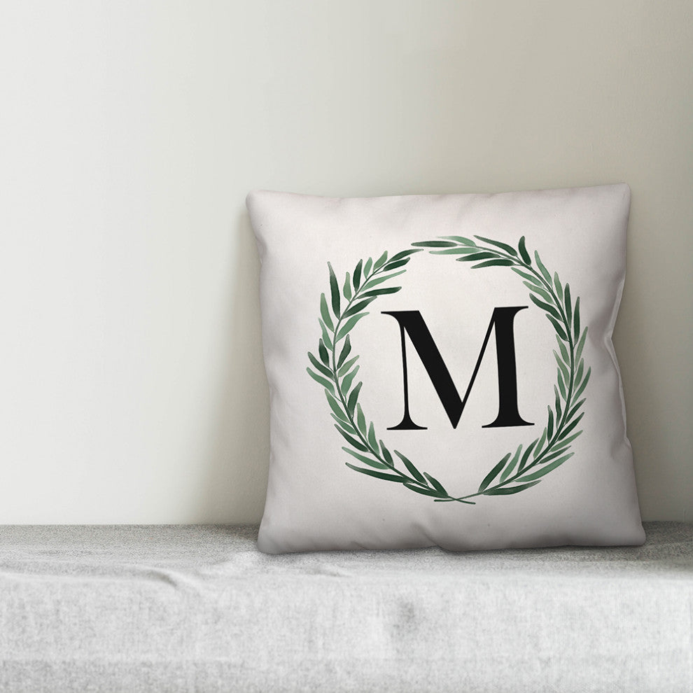 Watercolor Greenery Wreath Monogram - M 18x18 Spun Poly Pillow