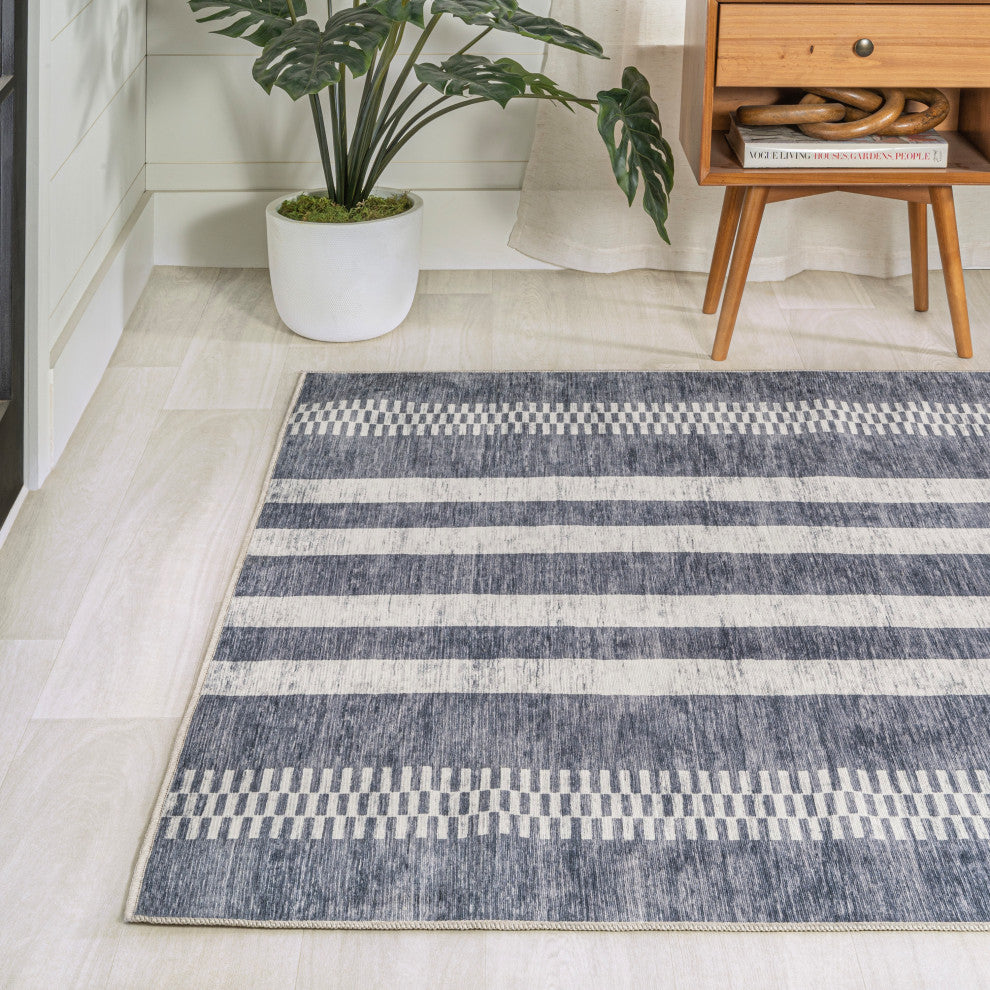 Vichy Geometric Striped Machine-Washable Area Rug, Slate Gray/Ivory, 8 X 10