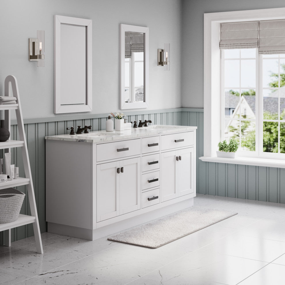 Hartford 72" Double Sink Marble Countertop Bath Vanity, White, Vanity With Small