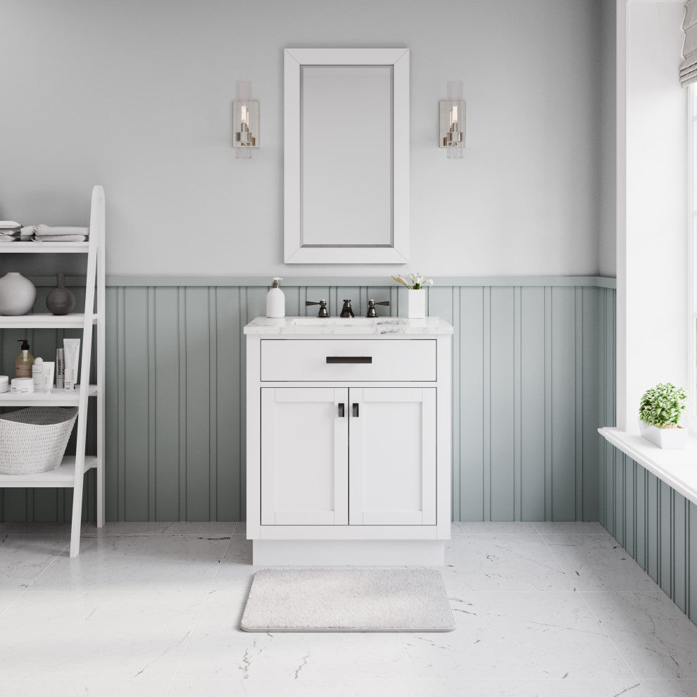 Hartford 30" Single Sink Marble Countertop Bath Vanity, White, Vanity With Class