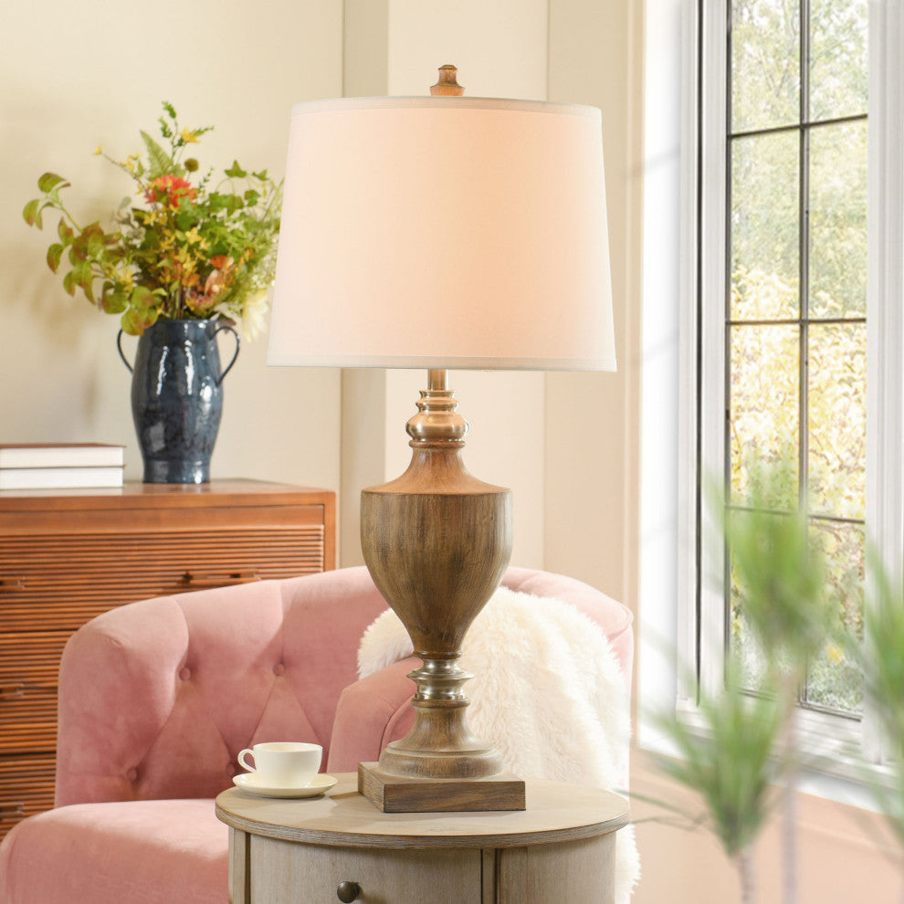 Branson Brushed Polyresin and Table Lamp White Linen Shade 36"H, Brown, Metal
