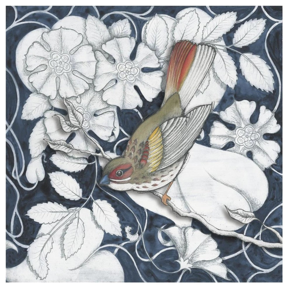 "Arts and Crafts Bird Indigo II" Digital Paper Print by Elyse DeNeige, 32"x32"