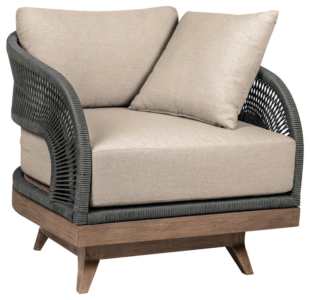 Orbit Swivel Outdoor Patio Chair Wood With Gray Rope/Taupe Olefin Cushions