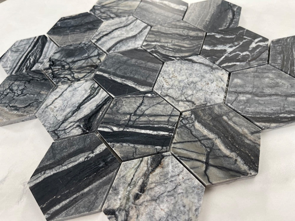 Silver Wave Black Forest Marble 3 Hexagon Wall Floor Mosaic Tile Honed, 1 sheet