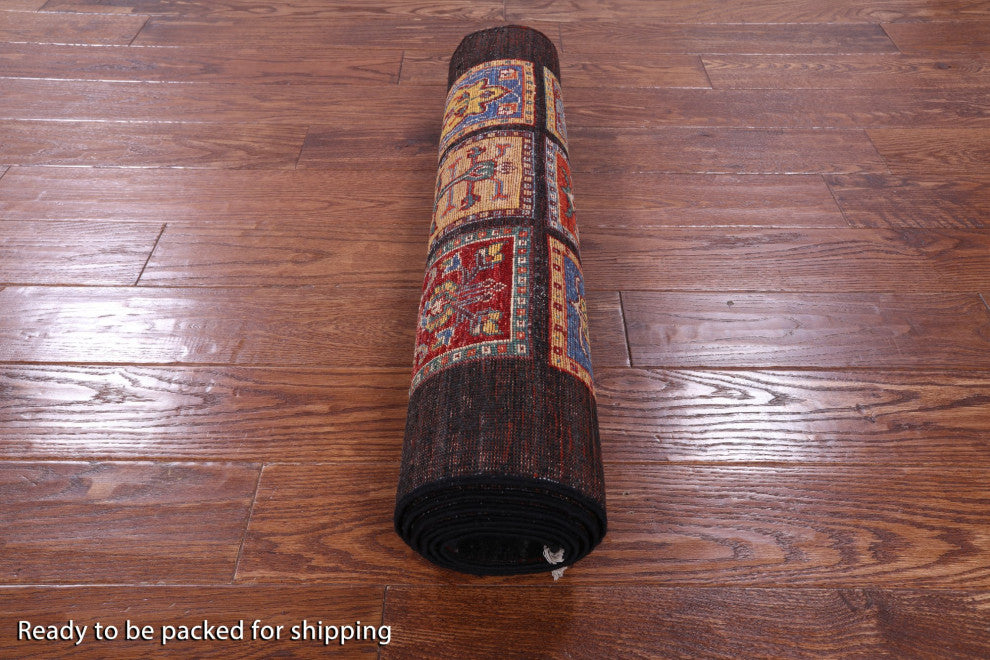 Persian Garden Design Black Handmade Wool Runner Rug 2' 8" X 7' 1" Q10692