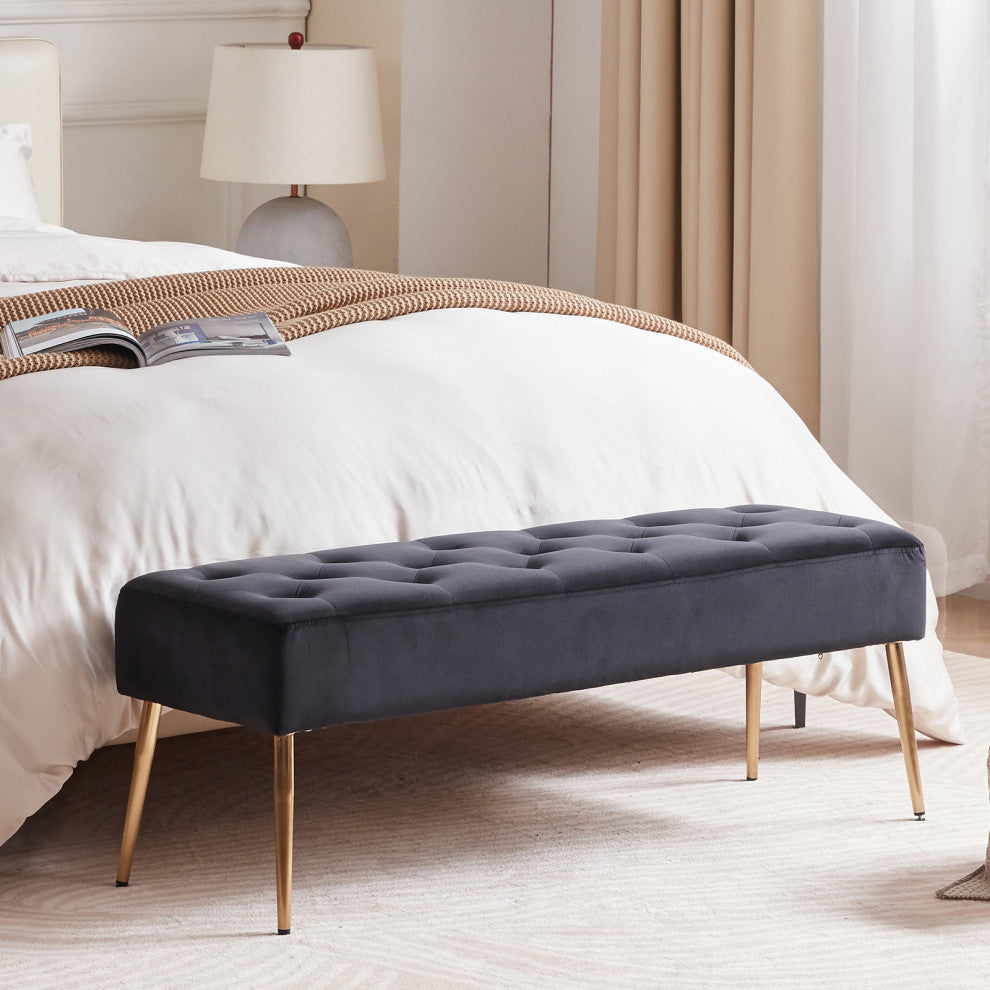 Button Tufts Bedroom Bench, Black-Velvet