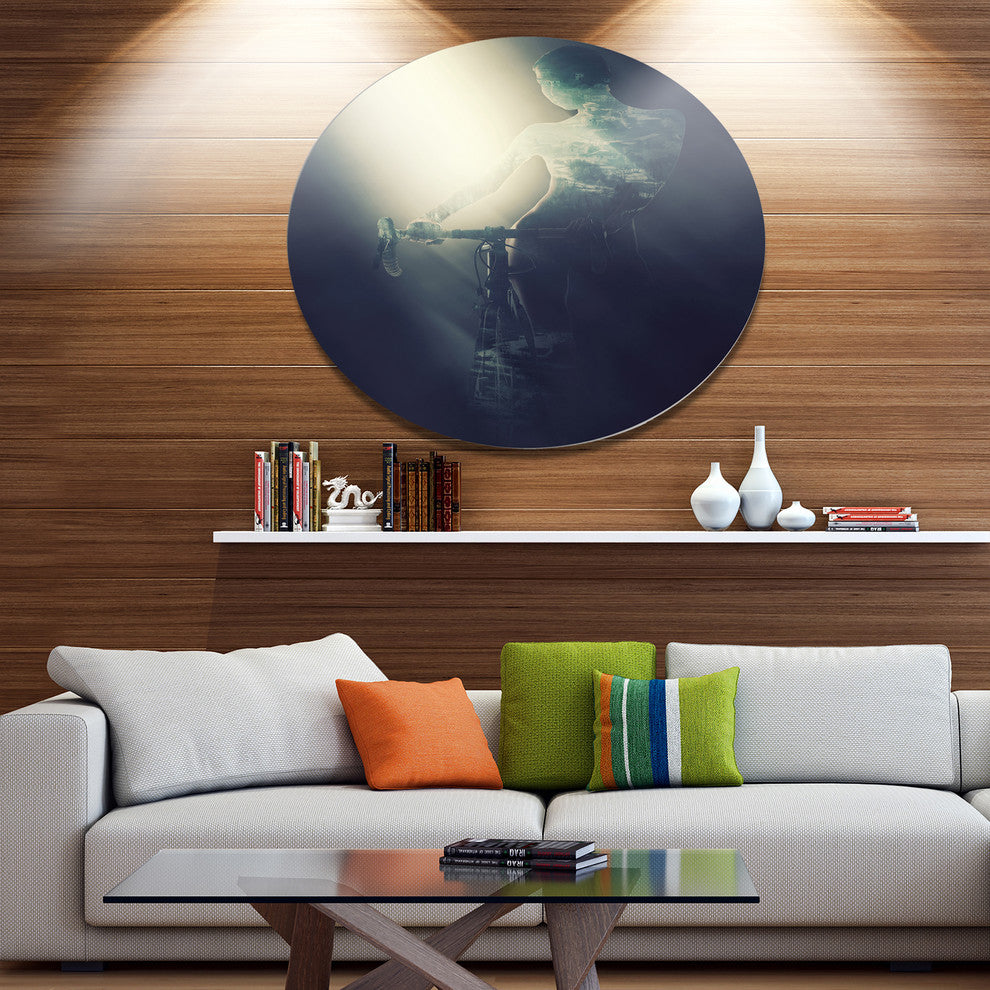 Woman With Bicycle In Spotlight, Modern Portrait Round Wall Art, 23"