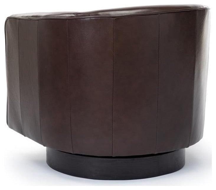 Pemberly Row Top Grain Leather Modern Swivel Chair in Brown Finish