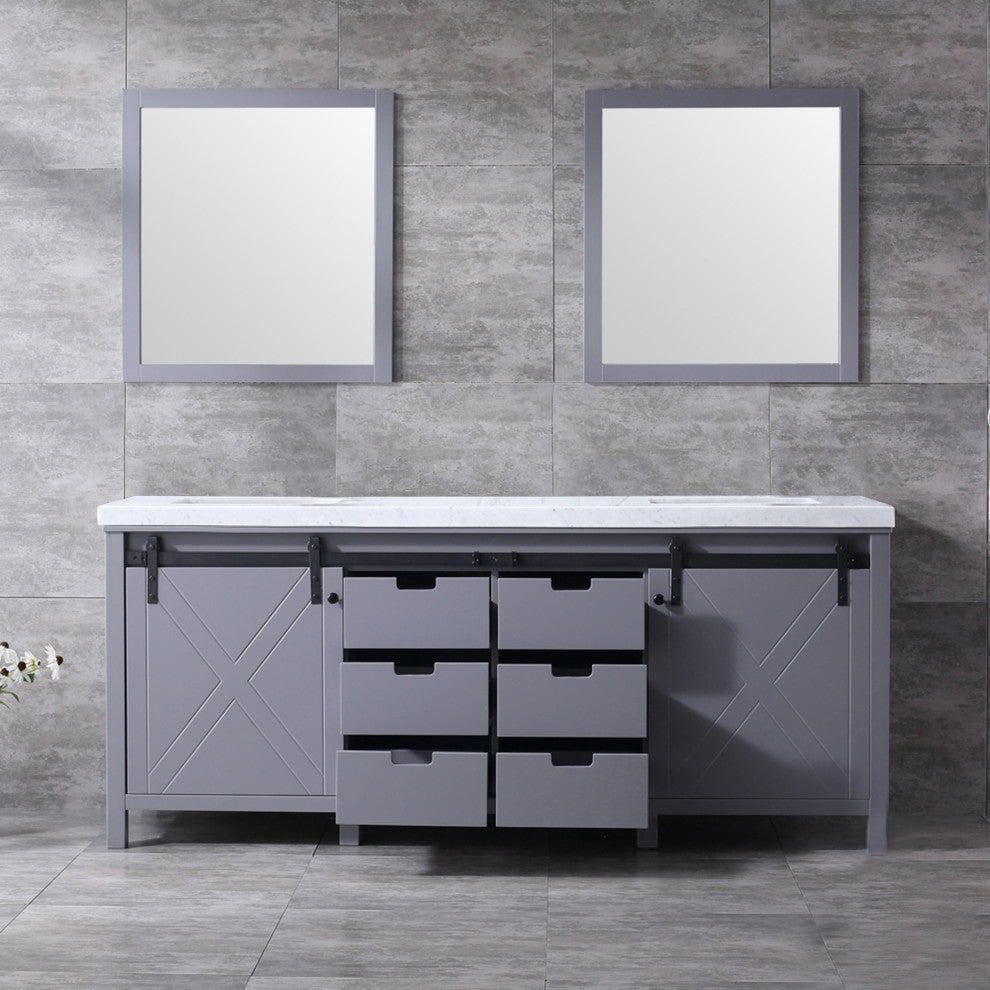 Marsyas 80" Dark Gray Double Vanity Carrara Marble Top Sinks, 30" Wall Mirrors