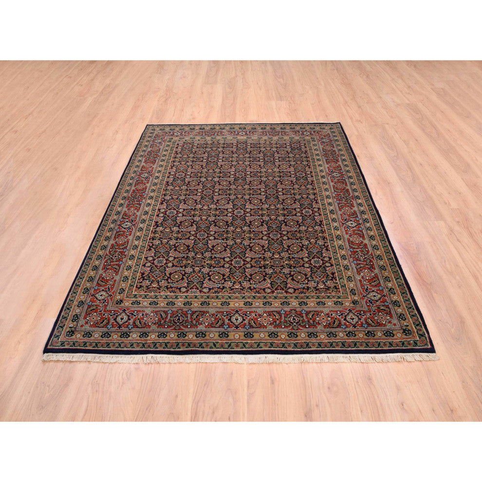Midnight Blue All Over Herat Design Hand Knotted Hand Spun Wool Rug, 5'1" x 7'1"