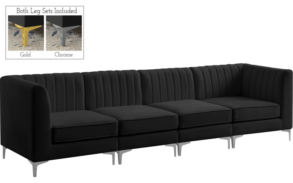 Alina Velvet Upholstered 4-Piece Modular Sofa, Black