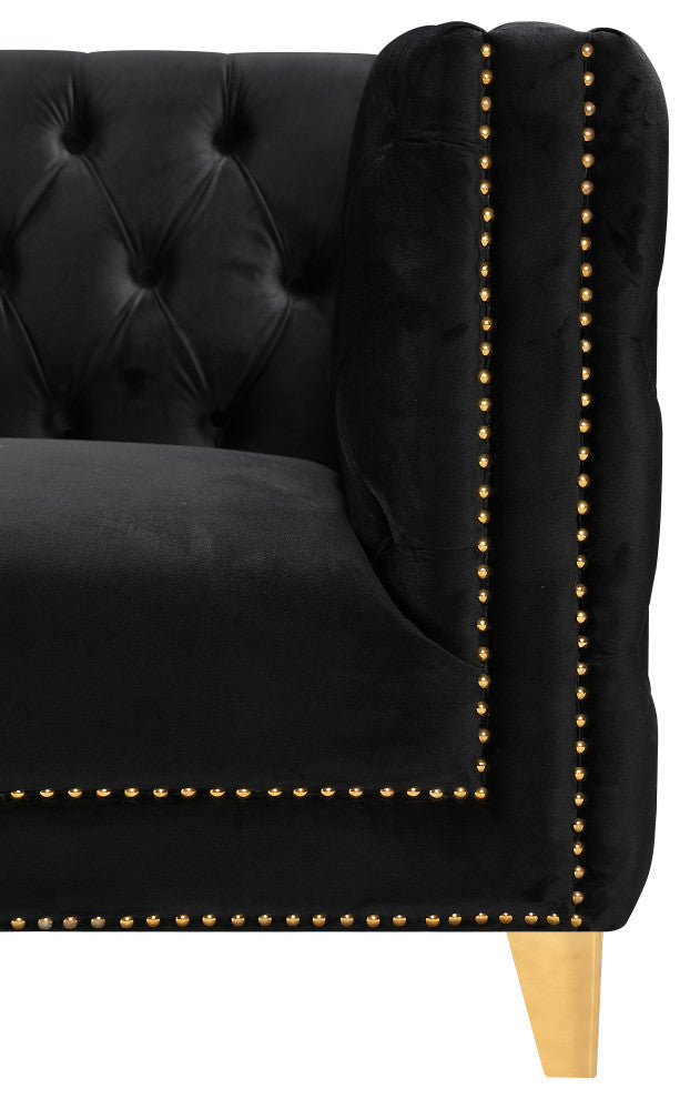 Michelle Fabric Upholstered Chair, Gold Iron Legs, Black, Velvet, Sofa