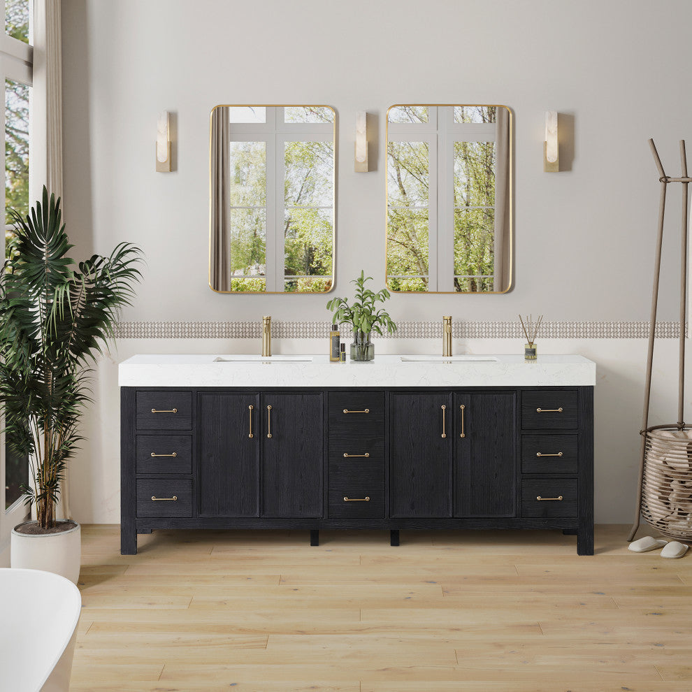 Leon Bath Vanity With Composite Stone Top, Fir Wood Black, 84", With Mirror