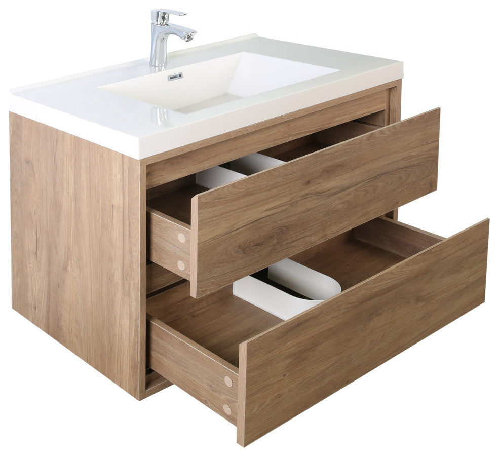 MOM Wall Mounted Vanity, Teak Oak, 24", Single Sink, Wall Mount