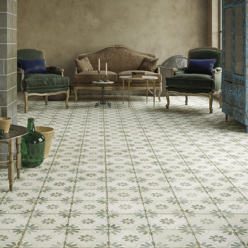Kings Blume Encaustic Ceramic Floor and Wall Tile, Sage Green