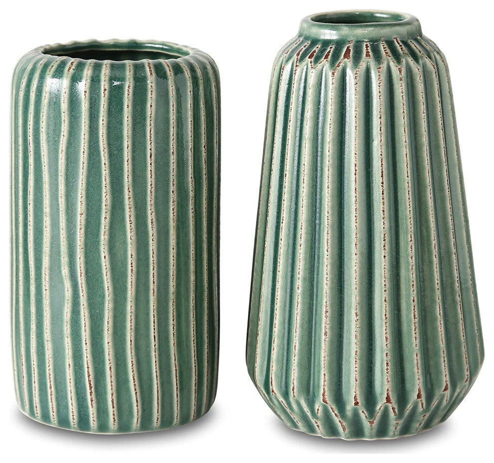 2 Piece Pastel Green Stoneware Table Vase Set