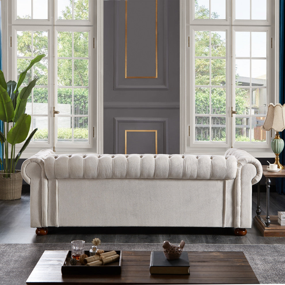 TATEUS linen fabric Chesterfield Large sofa Modern 3 Seater Couch  Beige