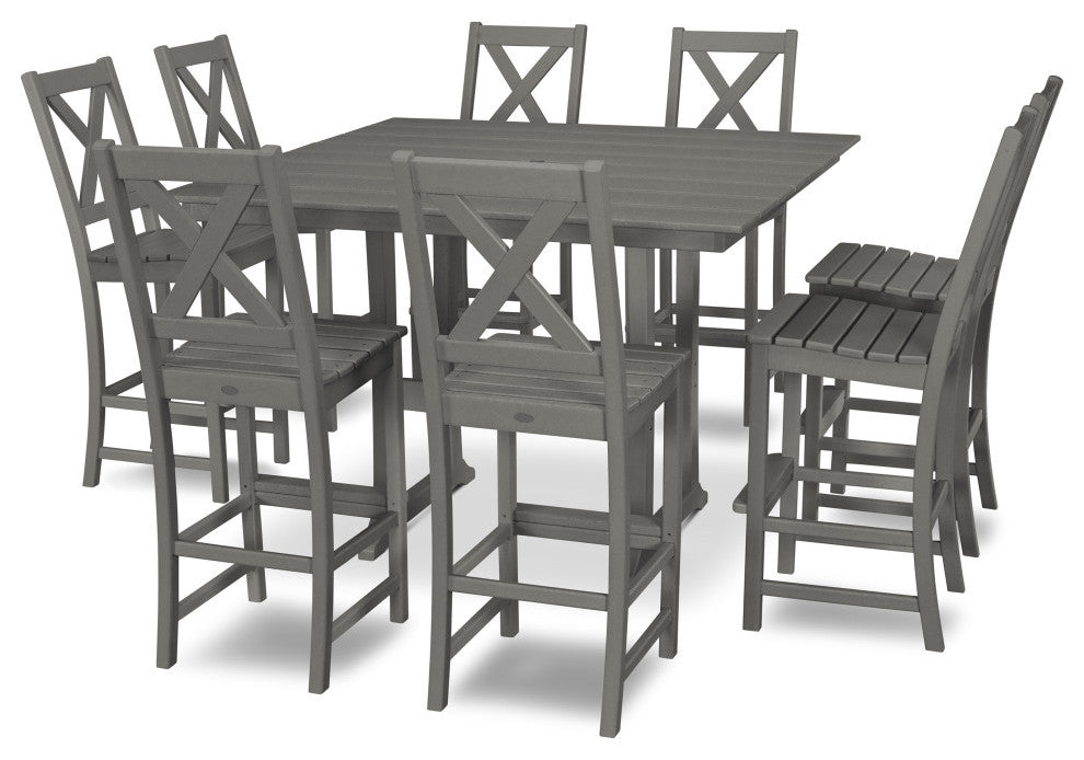 Braxton 9-Piece Farmhouse Trestle Bar Set, Slate Gray