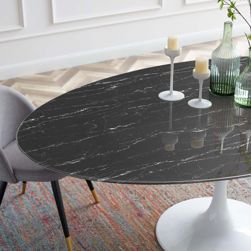 78" Dining Table, Oval, Black White, Artificial Marble, Metal, Modern
