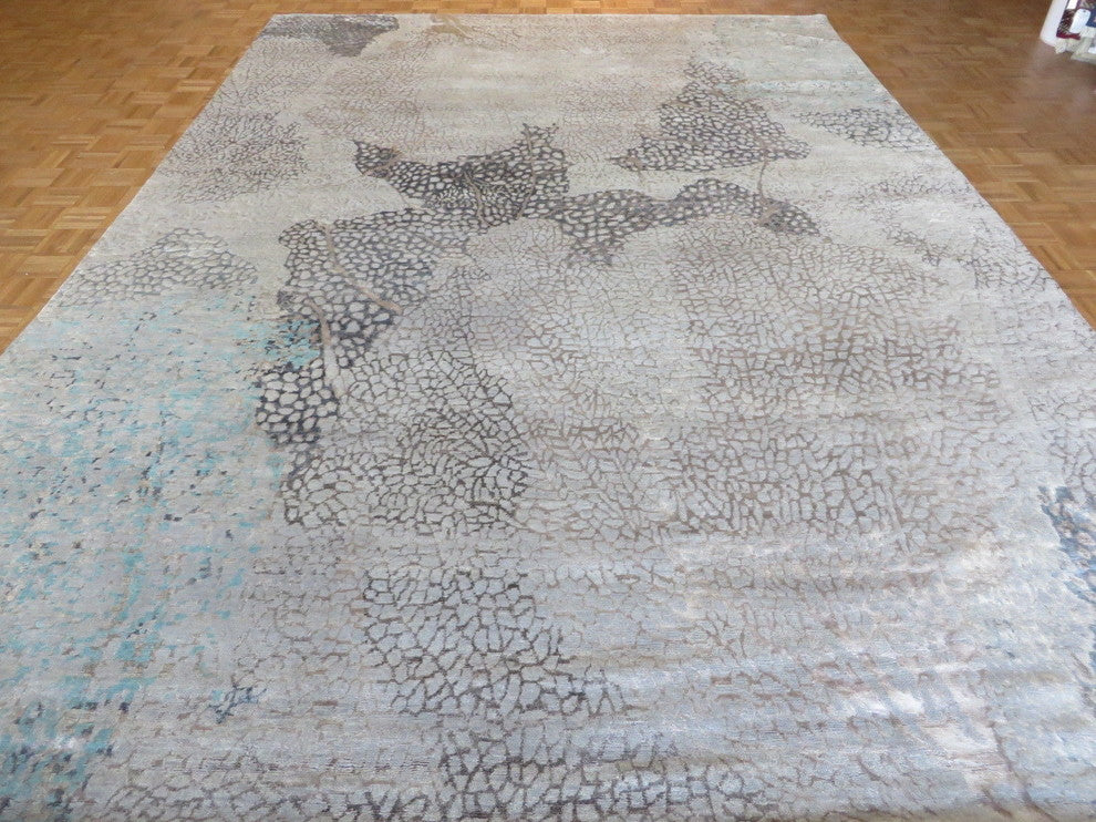 Hand Knotted Blue Gray Modern Abstract Oriental Rug With Silk