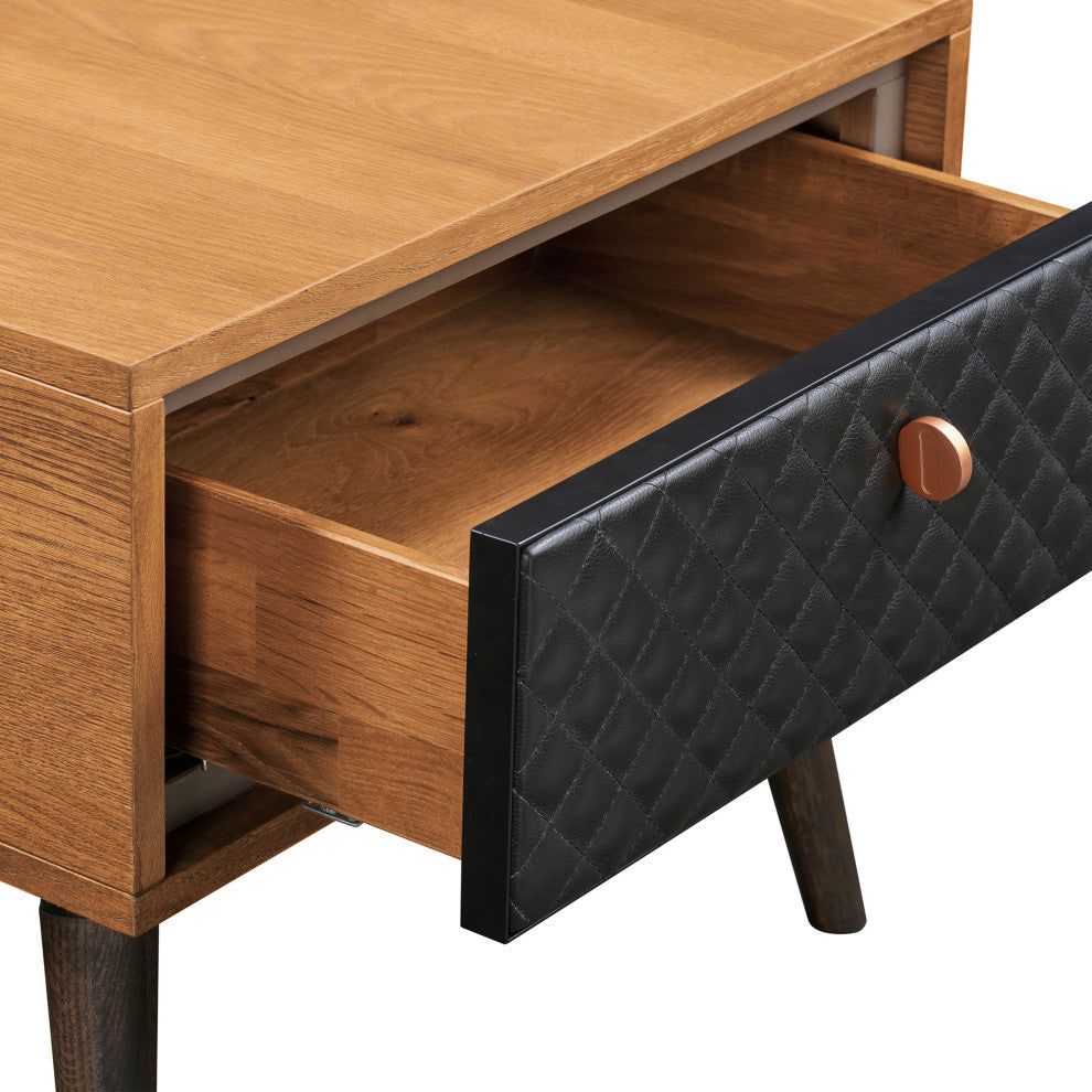 Coco Rustic Single Drawer Oak Wood and Faux Leather Nightstand