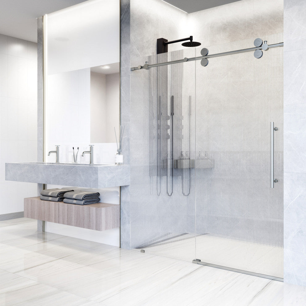VIGO Elan 68" to 72" W x 74" H Frameless Sliding Shower Door, Stainless Steel, Right, Fluted Glass