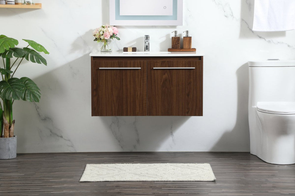 Phoebe Single Bathroom Vanity, Walnut, 36", Without Backsplash