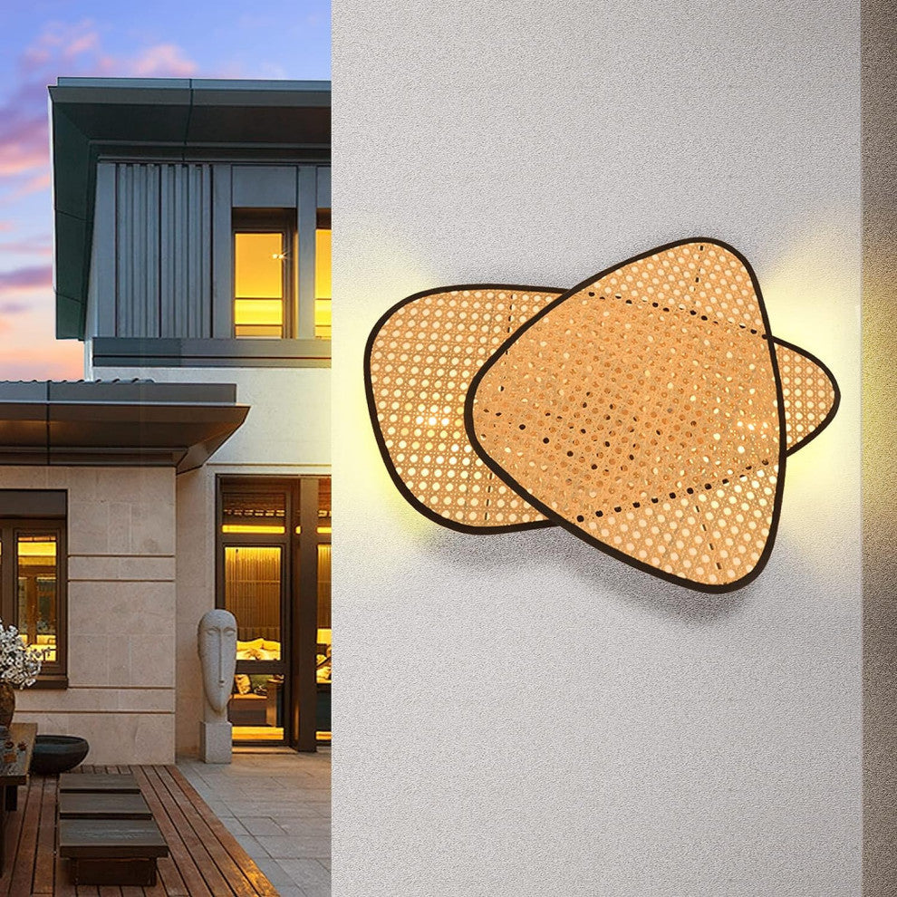 French Designer Wall Lamp with Hand Made Rattan Wicker for Bedroom, Double Head, Warm Light