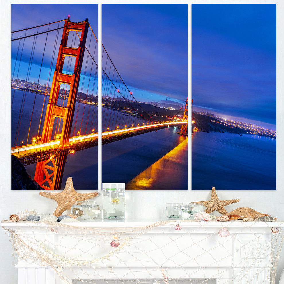 "Golden Gate in Blue Background" Sea Bridge Metal Wall Art, 3 Panels, 36"x28"