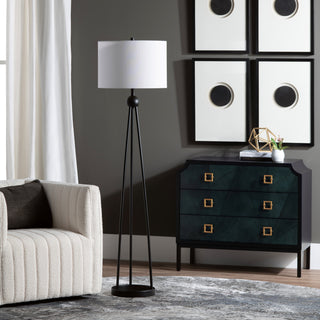 59.5" Black Metal Floor Lamp With White Drum Shade