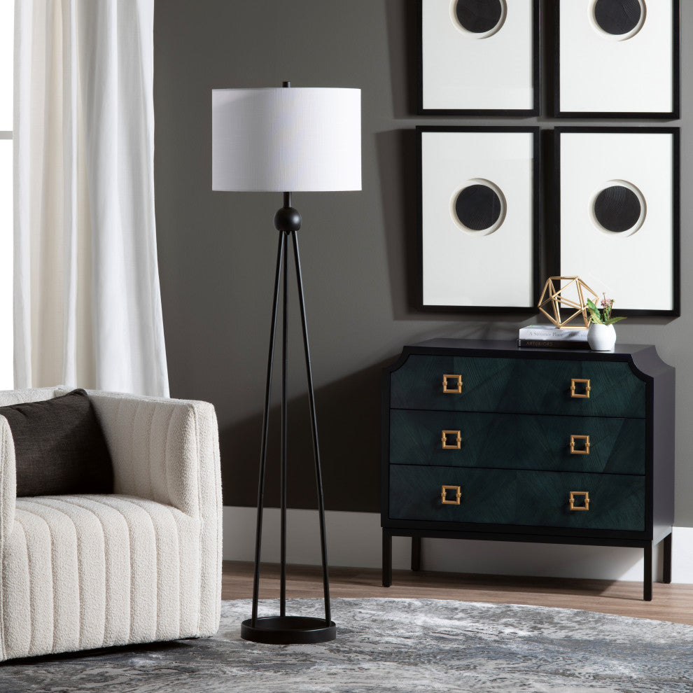 59.5" Black Metal Floor Lamp With White Drum Shade