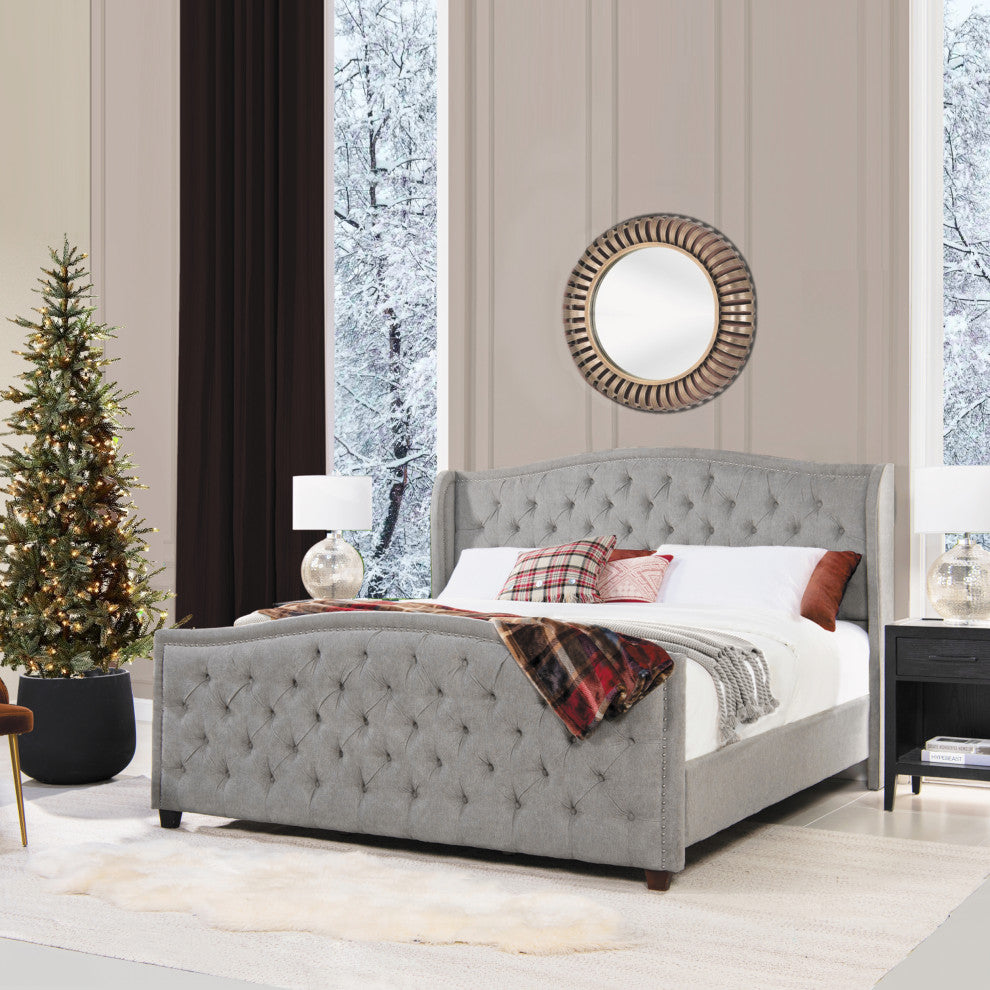 Marcella Upholstered Tufted Shelter Wingback Panel Bed, Silver Grey Polyester, King