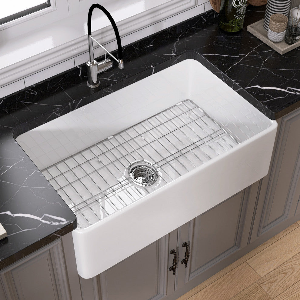 36"L x 20"W  White Single Bowl Fireclay Farmhouse Kitchen Sink With Accessories