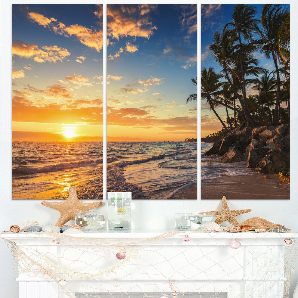"Paradise Tropical Island Beach With Palms" Metal Wall Art, 3 Panels, 36"x28"