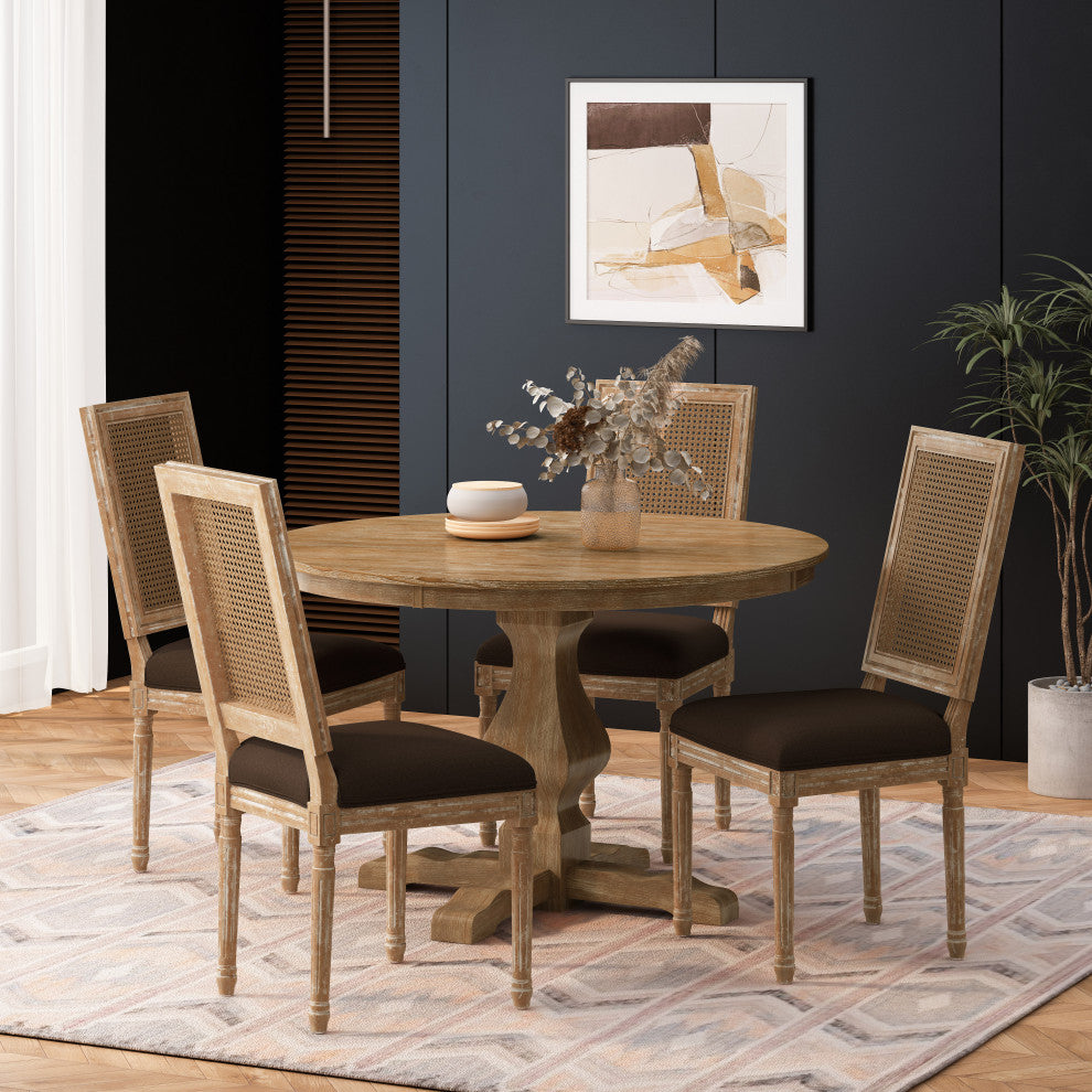 Merlene French Country Upholstered Wood and Cane 5-Piece Circular Dining Set, Natural/Brown