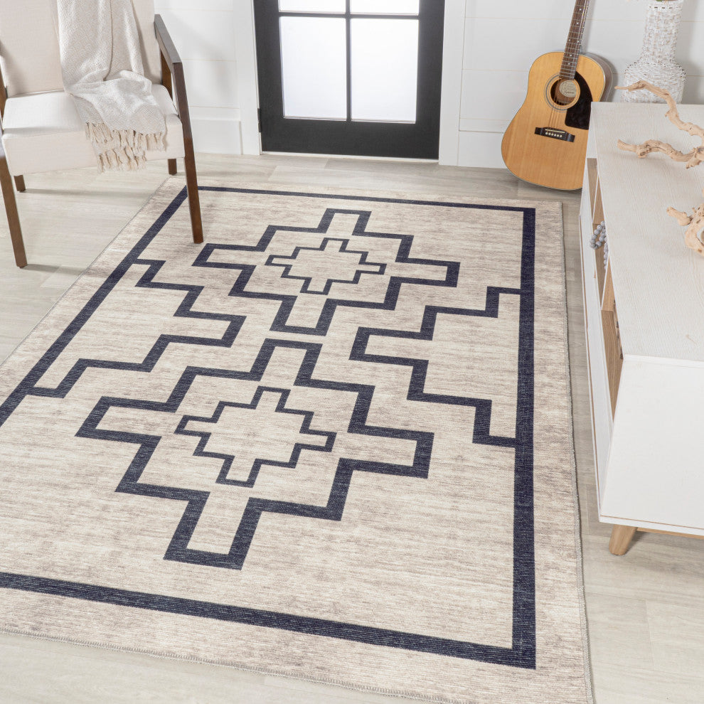 Ashkii Minimalist Medallion Machine-Washable Area Rug, 9 X 12