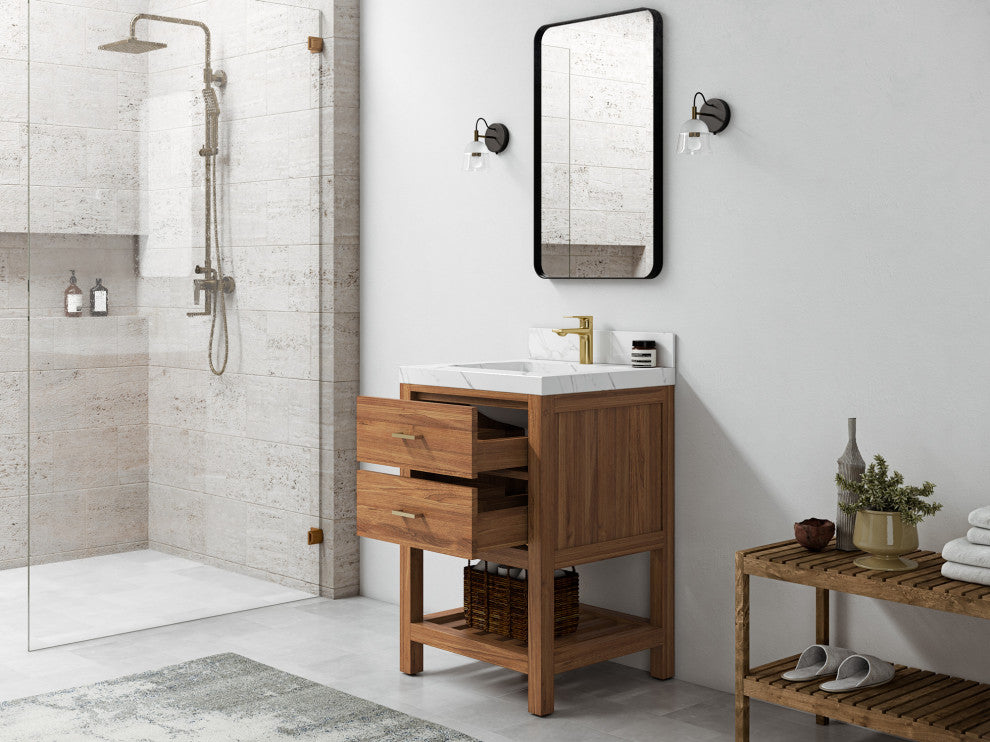 Parker Teak 24" Single Sink Bath Vanity in Golden Teak  2" White Quartz