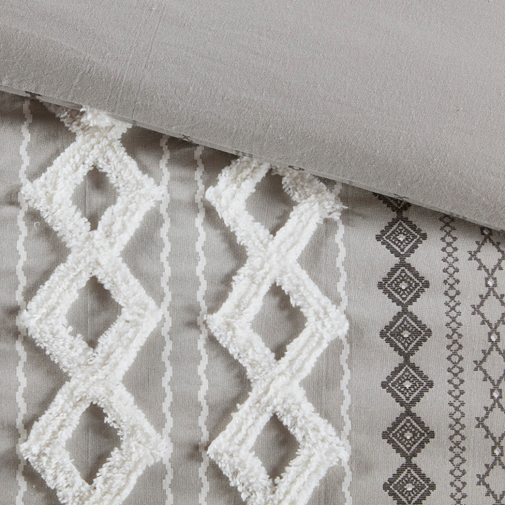 INK+IVY Imani Cotton Printed Duvet Cover Set With Chenille, Gray