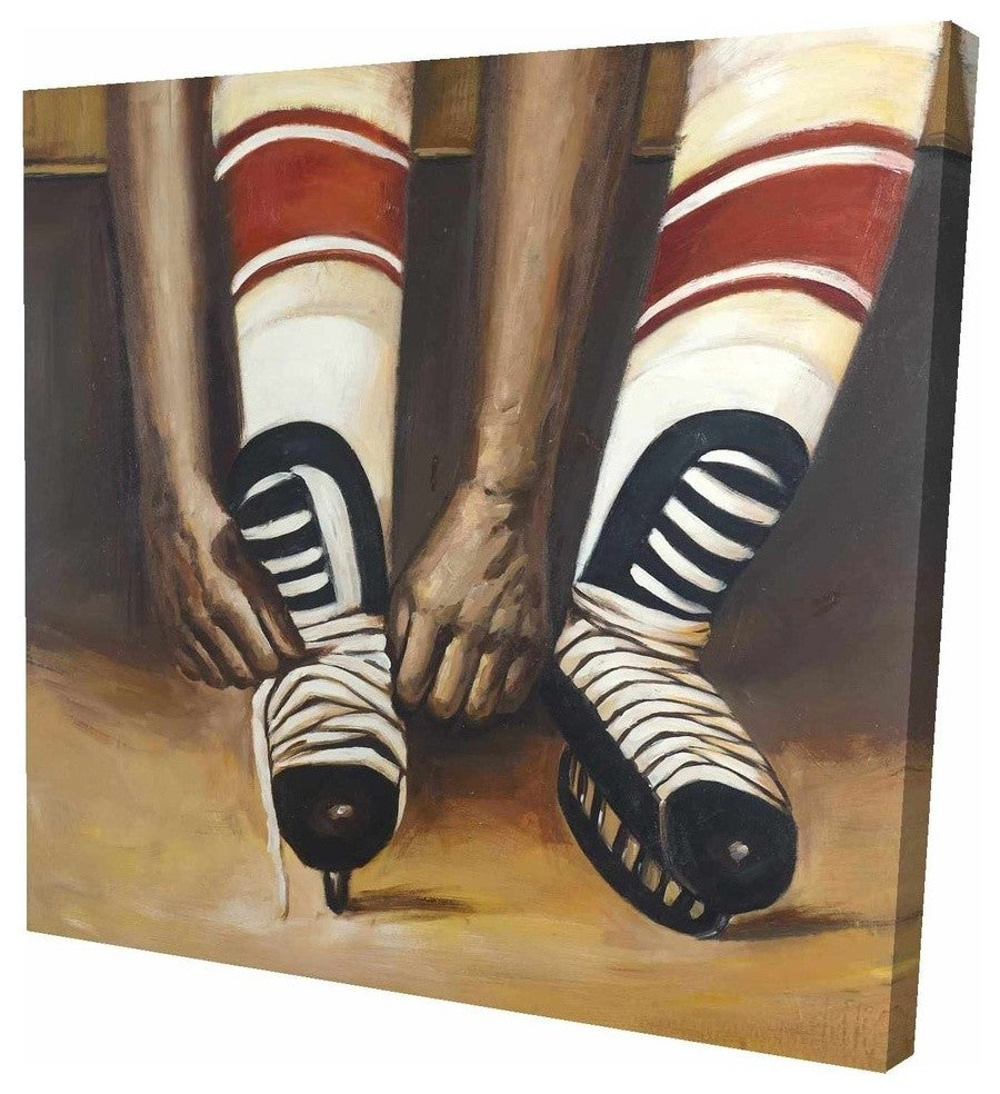 Hockey Player Ties His Skates, Fine Art Gallery Wrapped Canvas, 24"x24"