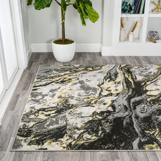 Swirl Marbled Abstract Area Rug, Black/Yellow, 5 X 8