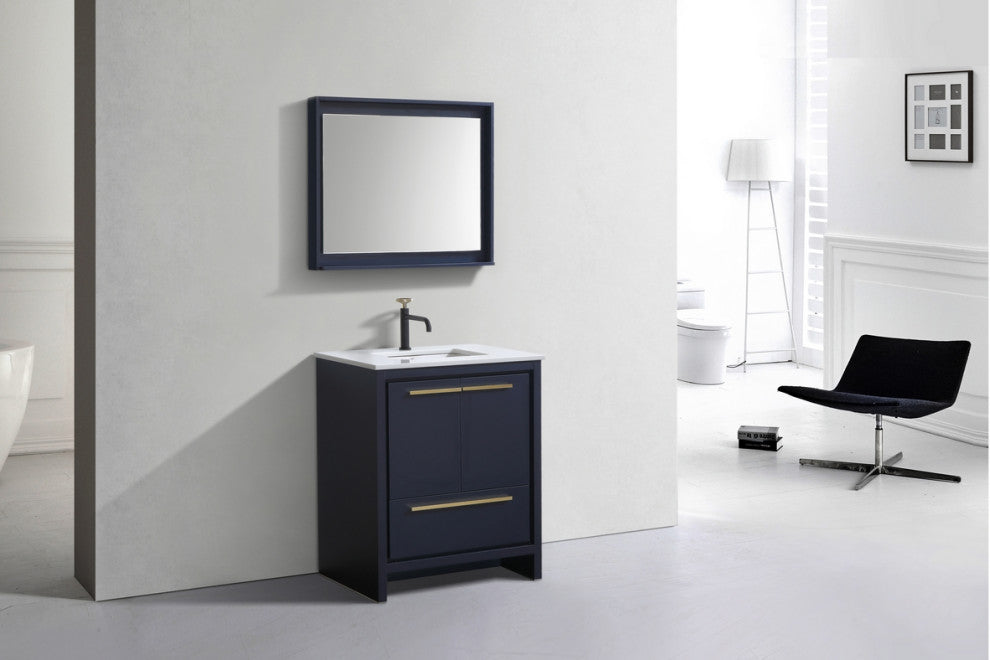KubeBath Dolce 30" Bathroom Vanity, White Quartz Countertop, Blue